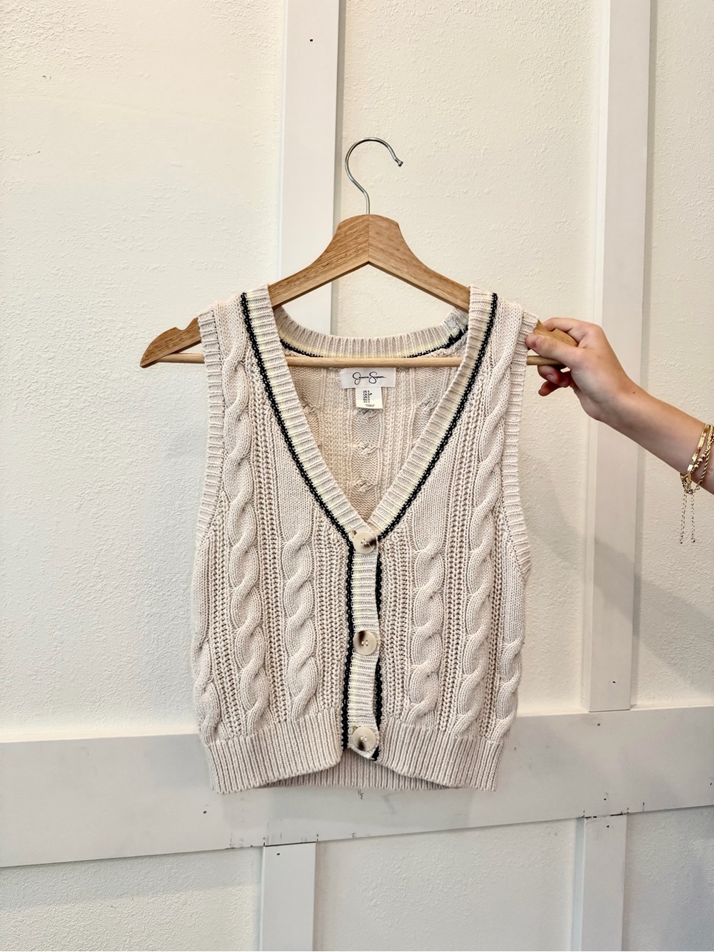 Cardigan Vest with Trim - Cream